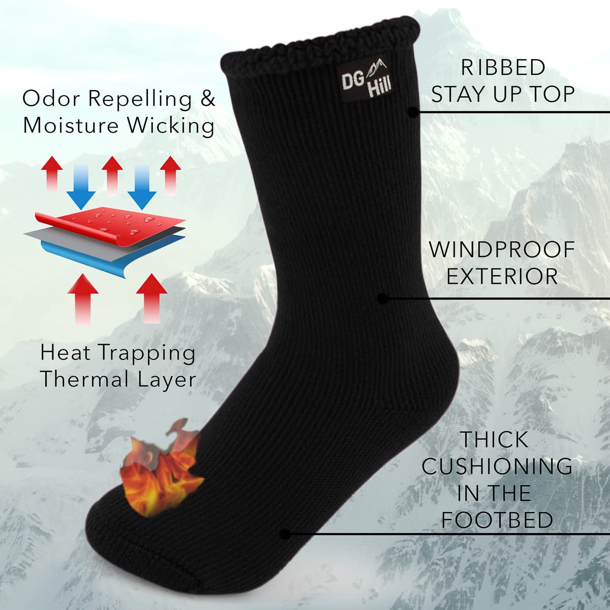 DG Hill Thermal Mid-Calf 80% Merino Wool Socks for Men, 3 Pairs 