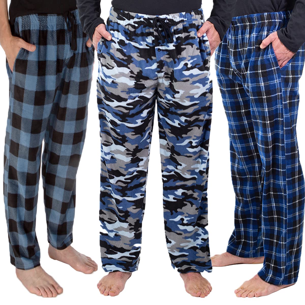 DG Hill (3 Pairs Mens PJ Pajama Pants Bottoms Fleece Lounge Pants Sleepwear Plaid PJs with Pockets Microfleece, Blue Combo, X-Large