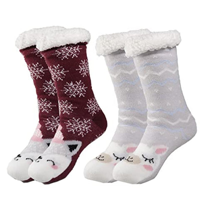 DG Hill Treehouse Knits (2 Pack) Kids Slipper Socks Grippers, Kids Fuzzy Socks, Thermal Lined Sherpa Socks Knit Fleece