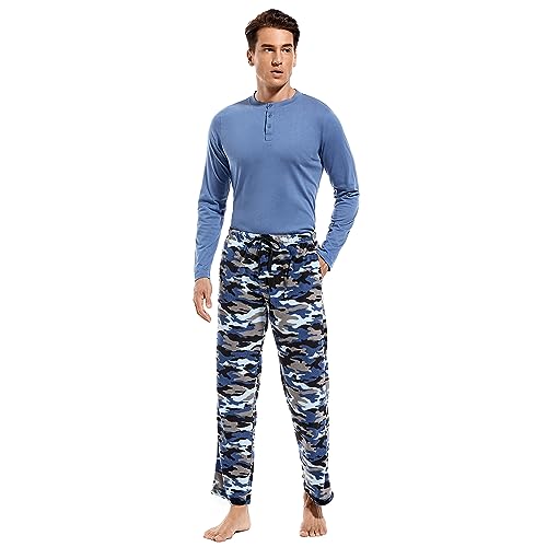 DG Hill (2 Piece Fleece Lightweight Men's Pajama Set Plaid Loungewear PJs, Long Sleeve Henley Shirt with Pajama Pants Blue Camo