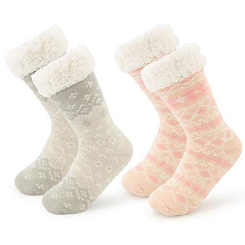 DG Hill Treehouse Knits (2 Pack) Kids Slipper Socks Grippers, Kids Fuzzy Socks, Thermal Lined Sherpa Socks Knit Fleece