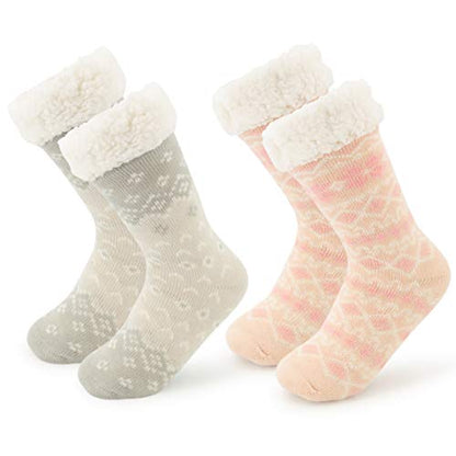 DG Hill Treehouse Knits (2 Pack) Kids Slipper Socks Grippers, Kids Fuzzy Socks, Thermal Lined Sherpa Socks Knit Fleece