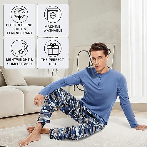 DG Hill (2 Piece Fleece Lightweight Men's Pajama Set Plaid Loungewear PJs, Long Sleeve Henley Shirt with Pajama Pants Blue Camo