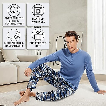 DG Hill (2 Piece Fleece Lightweight Men's Pajama Set Plaid Loungewear PJs, Long Sleeve Henley Shirt with Pajama Pants Blue Camo