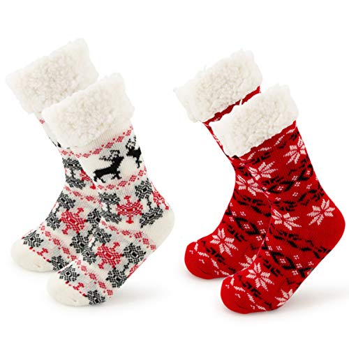 DG Hill Treehouse Knits (2 Pack) Kids Slipper Socks Grippers, Kids Fuzzy Socks, Thermal Lined Sherpa Socks Knit Fleece