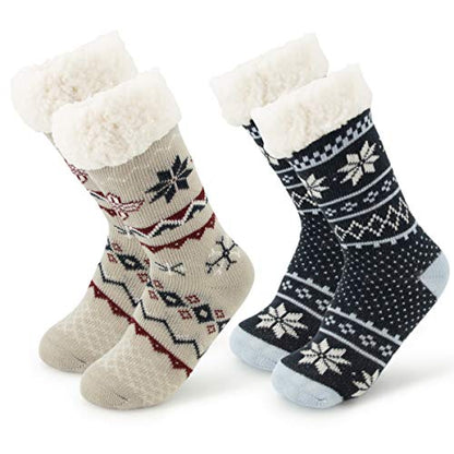 DG Hill Treehouse Knits (2 Pack) Kids Slipper Socks Grippers, Kids Fuzzy Socks, Thermal Lined Sherpa Socks Knit Fleece