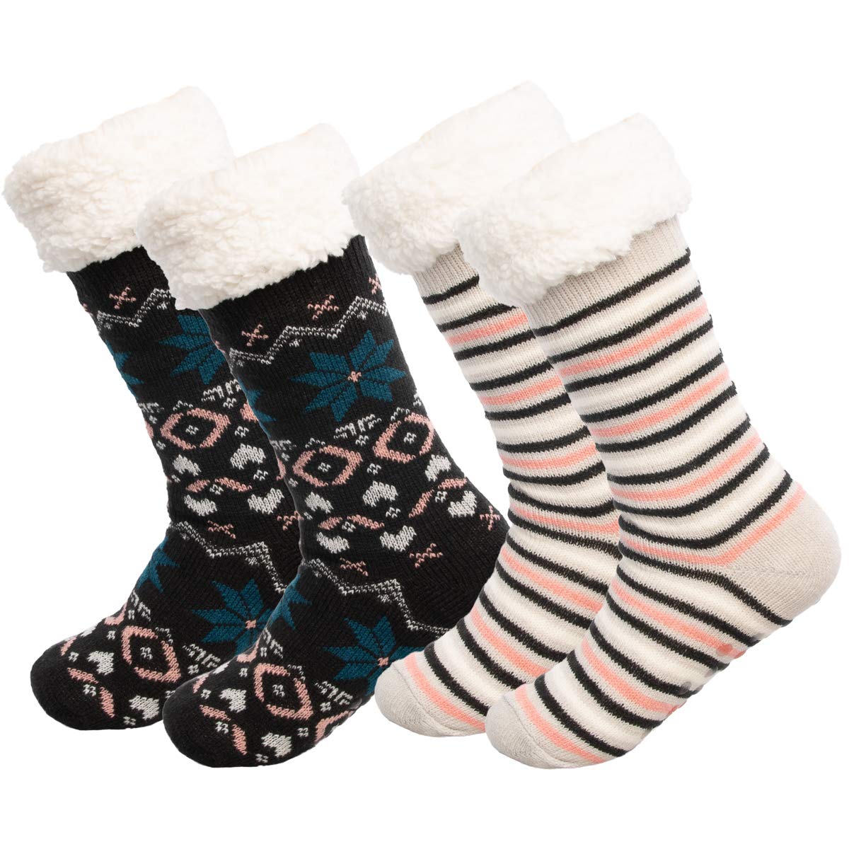 DG Hill Treehouse Knits (2 Pack) Kids Slipper Socks Grippers, Kids Fuzzy Socks, Thermal Lined Sherpa Socks Knit Fleece