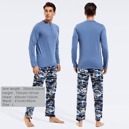 DG Hill (2 Piece Fleece Lightweight Men's Pajama Set Plaid Loungewear PJs, Long Sleeve Henley Shirt with Pajama Pants Blue Camo