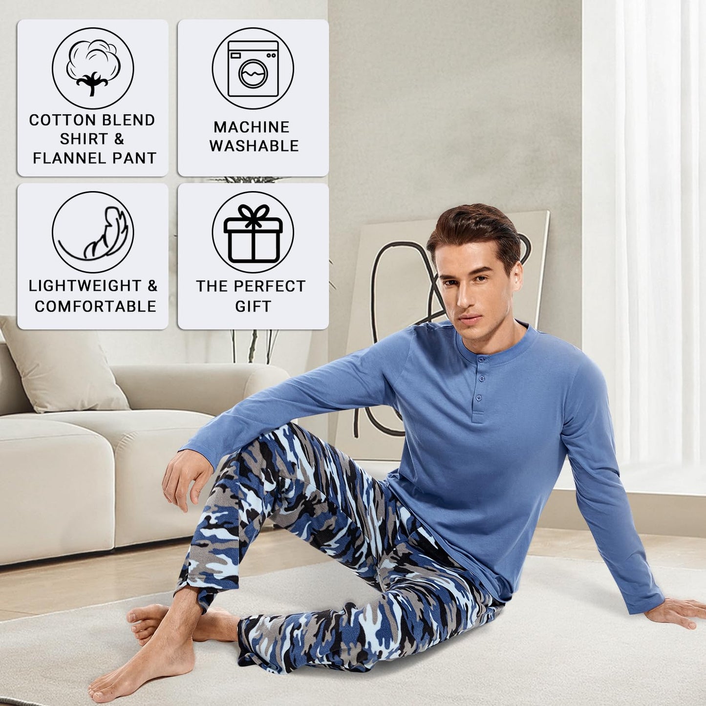 DG Hill (2 Piece Fleece Lightweight Men's Pajama Set Plaid Loungewear PJs, Long Sleeve Henley Shirt with Pajama Pants Blue Camo