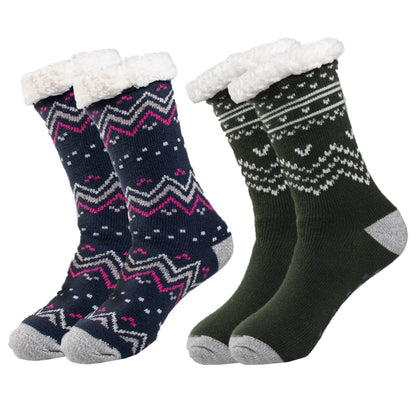 DG Hill Treehouse Knits (2 Pack) Kids Slipper Socks Grippers, Kids Fuzzy Socks, Thermal Lined Sherpa Socks Knit Fleece